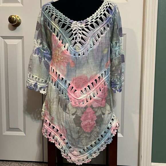 Rima Pastel Tie Dye Women's Multicolor Crochet Top\Swimsuit Cover Boho Festival - Picture 3 of 8
